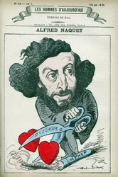 Portrait of Alfred Naquet, a French doctor, chemist and politician, he re-established the law authorizing divorce in 1884. Cartoon by Gill, Paris