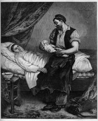 The new one (newborn). Engraving after the painting by Andre Gill (1840-1885) in 