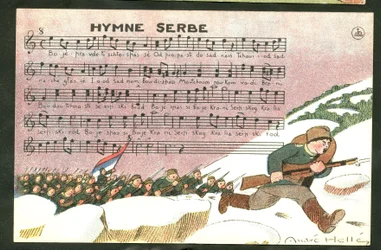 Postcard, Satirical in Colors: Serbian Anthem - War of 14-18, Song, Serbia - Soldiers Illustration by Andre Helle