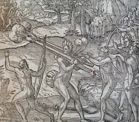 Battle between natives in Canada, engraving from Cosmographie Universelle