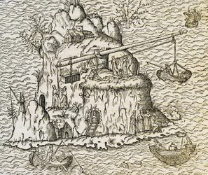 Transportation technique for boats on Island of Crete, engraving from La Cosmographie Universelle, by Andre Thevet