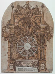 Triumph of Death with Three Fates in an Architectural Frame Above a Wheel of Fortune Flanked by Skeletons; a Skull and an Hourglass at Top and with Wheel Intended to Spin at Center