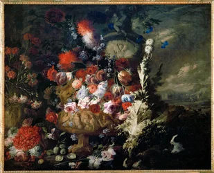 Vase with Flowers and Fruit in a Landscape
