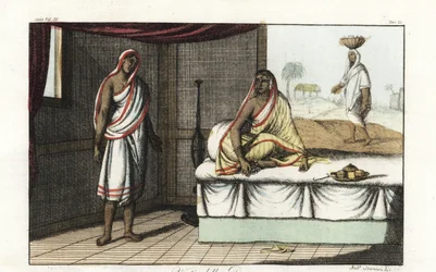Different types of sari and clothes worn by Indian women. Woman of distinction in sari and veil seated on sofa, and woman of lower rank in short sari