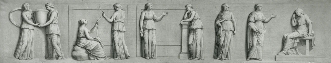 A grisaille panel depicting female figures including muses