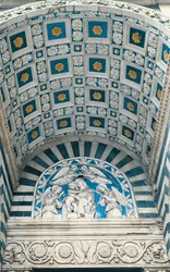 Central vault of portico, with blue coffering and gilded rosettes, and lunette above, with glazed earthenware relief of Madonna and Child