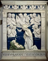 The Nativity. Representation of the Holy Trinity with God, Jesus Christ and the Dove of the Holy Spirit. High Relief Ceramic by Andrea della Robbia