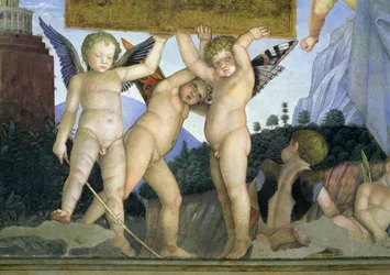 Putti with butterfly wings supporting the dedicatory plaque, from the Camera degli Sposi or Camera Picta, 1465-74, fresco detail of 78449