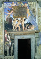 Putti with butterfly wings supporting the dedicatory plaque with hunting dogs and their handlers: (detail)
