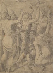 Moses showing the quails to the Israelites
