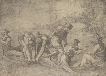 The miraculous draught of the fishes, Christ at the right accompanied by apostles