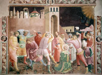 Stoning of St. Stephen, Fresco by Andrea di Giusto, 1430-1450, Cathedral of Prato, Chapel of Assunta, Prato, Italy