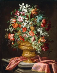 Flowers in a Sculpted Urn on a Draped Stone Pedestal