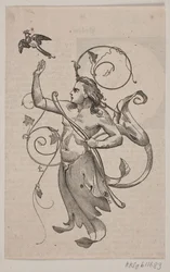 Genius with Bow in Left Hand and Right Hand Raised Towards a Crowned Bird