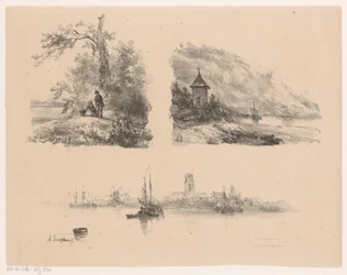 Figures in a Forest, a River Along a Mountainous Coast and Boats on the Water