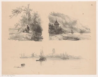 Figures in a Forest, a River along a Mountainous Coast and Boats on the Water