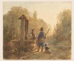 Hunter Talking to a Farmer Woman by a Well, with a Dog Beside Him