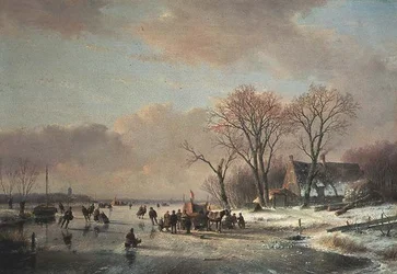 Winter River Landscape with Numerous Skaters