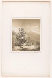 Winter Landscape with Pine Trees and Man with Sled