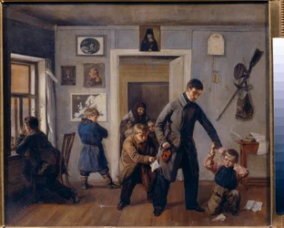 At School. A Country Schoolmaster Catches a Boy by the Ear in the Classroom