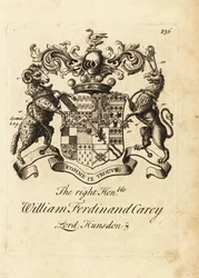 Coat of arms of the Right Honourable William Ferdinand Carey, 8th Baron Hundsen, Lord Hunsdon
