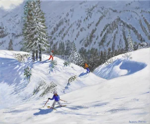 Three skiers, Kitzbuehel, Austria, 2024