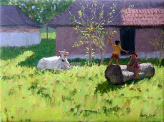White Cow and Two Children, Mankotta Island, Kerala, India