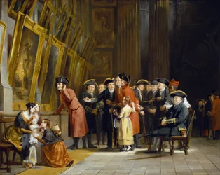 A meeting of veterans of the British Army and Navy, who served under Horatio Nelson (1758-1805): Chelsea residents (dressed in red) and Greenwich Hospital (dressed in blue) visiting the marine paint gallery at Greenwich Hospital