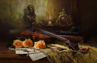Antique Violin and Roses