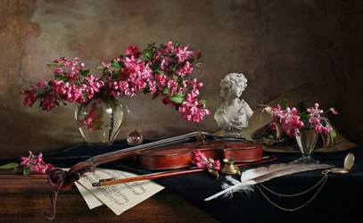 Violin Still Life With Blossoms