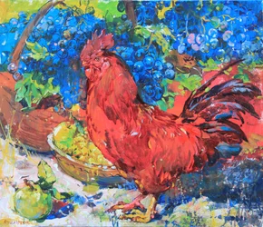 Colorful Rooster and Grapes