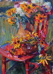 Yellow Blooms Red Chair