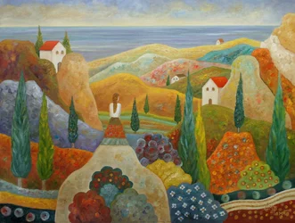 Woman Overlooking Mediterranean Hills