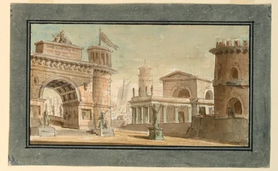 Stage Design, Group of Buildings Near Port