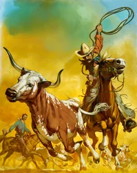 Cowboy Lassoing Cattle