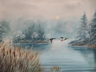Ducks Over Winter Lake