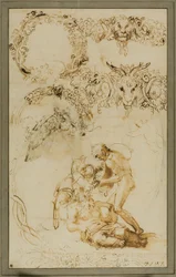 Drunken Silenus and Decorative Sketches: Studies for the Tazza Farnese (recto); Two Putti Fighting (verso)