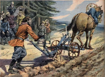 A Russian peasant plowing the field with the help of a plough on which is laid a candle. Conte de Easter Engraving from the newspaper 