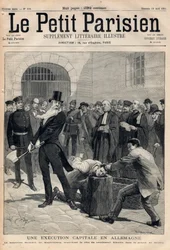A capital execution in Germany. Executioner Friedrich Reindel (1824-1908) of Magdeburg, cutting the head of the convict Klausin in Berlin prison. Engraving in 