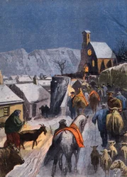 A custom in the Cevennes: Christmas of the Betes. Engraving from the newspaper Le Peute Parisien, on 27/12/1908. Private collection.