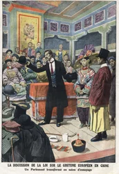 A discussion session at the Chinese parliament on the new law on European clothing in China, one of the parliamentarians presents a Western costume, with top hats and melon. Illustration taken from Le Petite Journal 15/09/1912 Private collection
