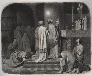A Globe of Fire Appears Above Saint Martin, Bishop of Tours, While He Works. Engraving from 1846 in 