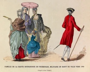 A High Bourgeoisie Family Walking and a Soldier in Town Dress in 1760 (Reign of King Louis XV) - Private Collection