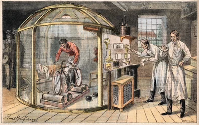 A man in a bell: experience on the expenditure of human energy carried out by English scientists. Engraving from the newspaper Le Peute Parisien, on 24/05/1908. Private collection.