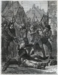 A Scene During the French Revolution: Theobald de Dillon and a Genie Officer Named Berthois, Massacred by the Soldiers and People of Lille. Engraving from 1866 in 