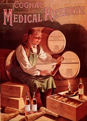 Advertising poster for the cognac Fromy, Rogee and Cie: medical reserve. A man in his wine cellar looks at a bottle of cognac with pleasure. Anonymous illustration. Early 20th century