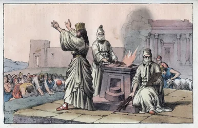 Ancient Persian civilization: mages, official priests and disciples of Zarathoustra - engraving from 