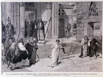 Antigone sentenced to death. Scene from the play Antigone, with music by Camille Saint-Saens, performed in Paris