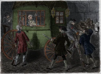 Arrest of Louis XVI (1754-1793) and his fleeing family in Varennes on 21 June 1791. Engraving from 1866 in 