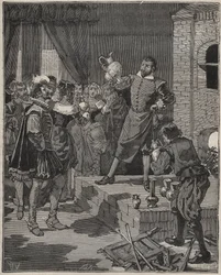 Bernard Palissy, French triumphant ceramist, removes his first pieces of enamels from the oven. Engraving from 1880 in 